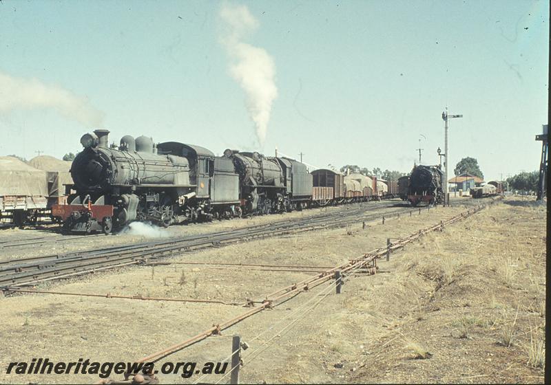 P11306
P class 503, V class 1206 on down goods, V class 1216 backing onto train, station building, platform in background, signals part of water tower, Brookton. GSR line.
