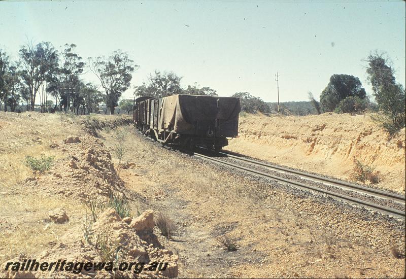 P11315
Rear part of halved train on Cuballing bank. End view of Ex MRWA wagon , RBM class 40717  wagon ,  GSR line.
