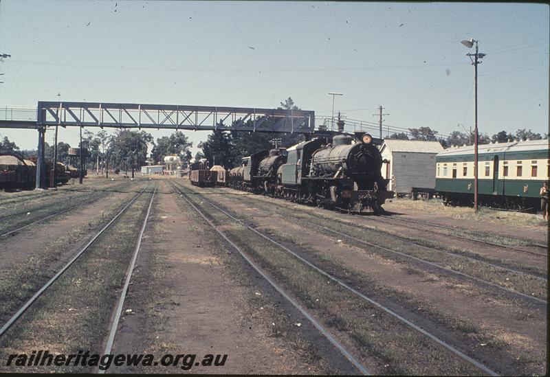 P11367
W class 919, W class, travelling water tanks, up goods, arriving Collie station yard, footbridge, ARHS hired coach. BN line.
