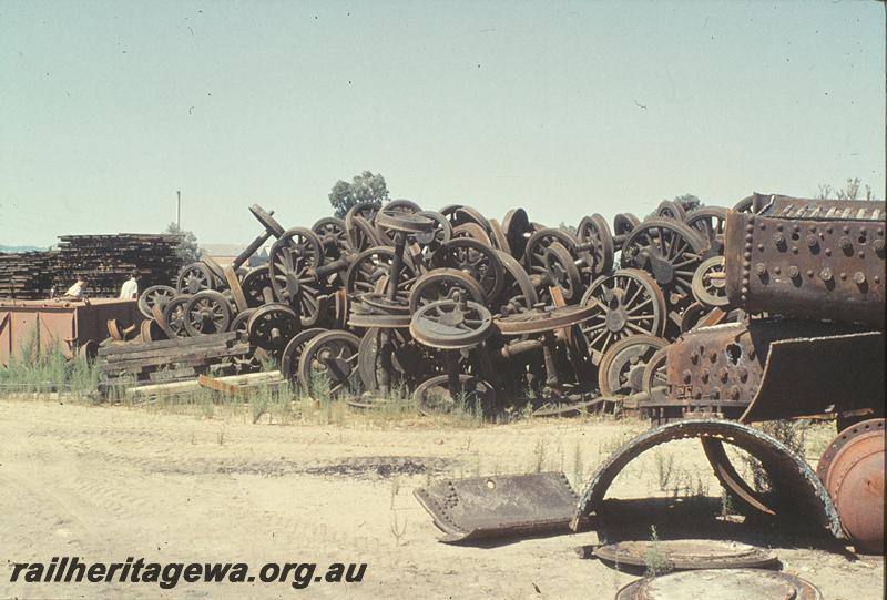 P11392
Wheels and other parts from cut up locos, salvage yard, Midland Junction.
