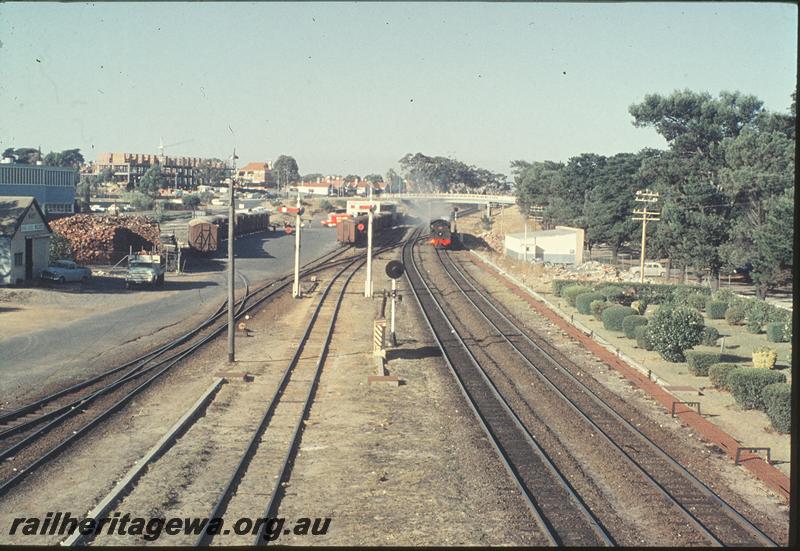 P11417
Subiaco, overall view, east end, sidings, signals, Axon Avenue bridge, signals, DD class 595 on suburban passenger. ER line.
