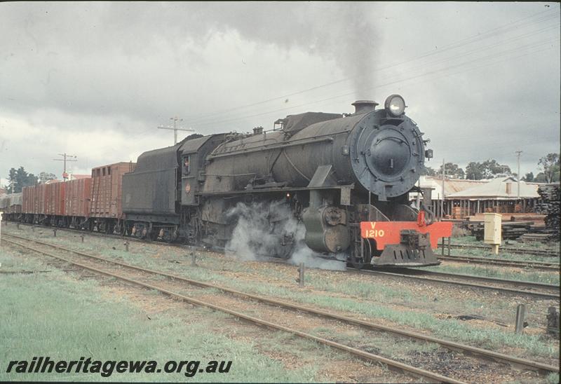 P11519
V class 1210, up goods, signal box and signals in distance, departing Narrogin. GSR line.
