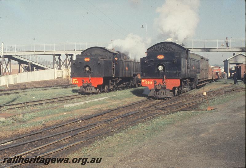 P11566
DM class 582, DM class 583, footbridge, goods shed, shunting Subiaco goods yard. ER line.
