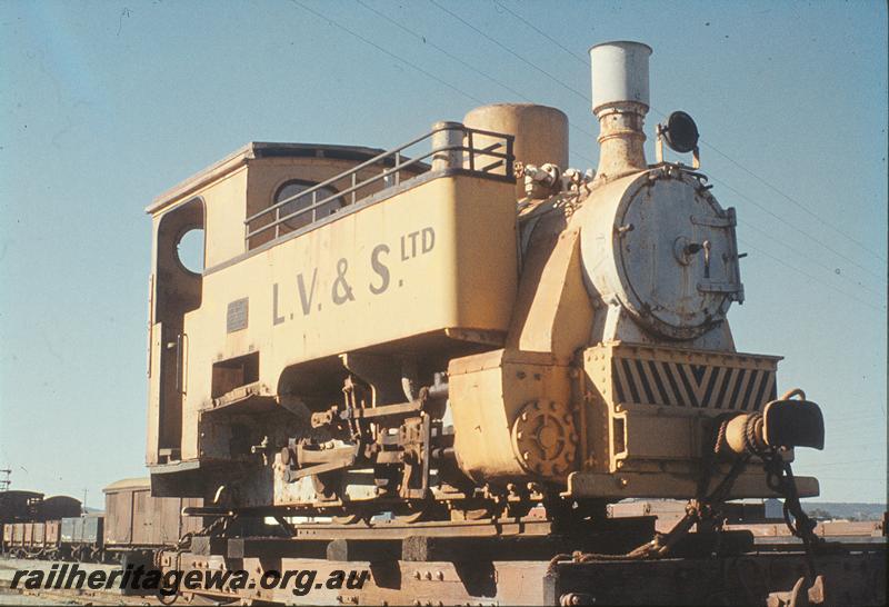 P11610
LV&S loco, on flat wagon, side and front view, ex MRWA AE class wagon still in MR livery in the background..
