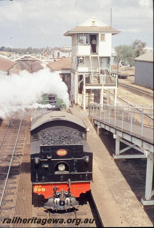 P11746
DD class 598, Down passenger, station buildings, platform, signal box, part of footbridge, goods shed, Subiaco. ER line.
