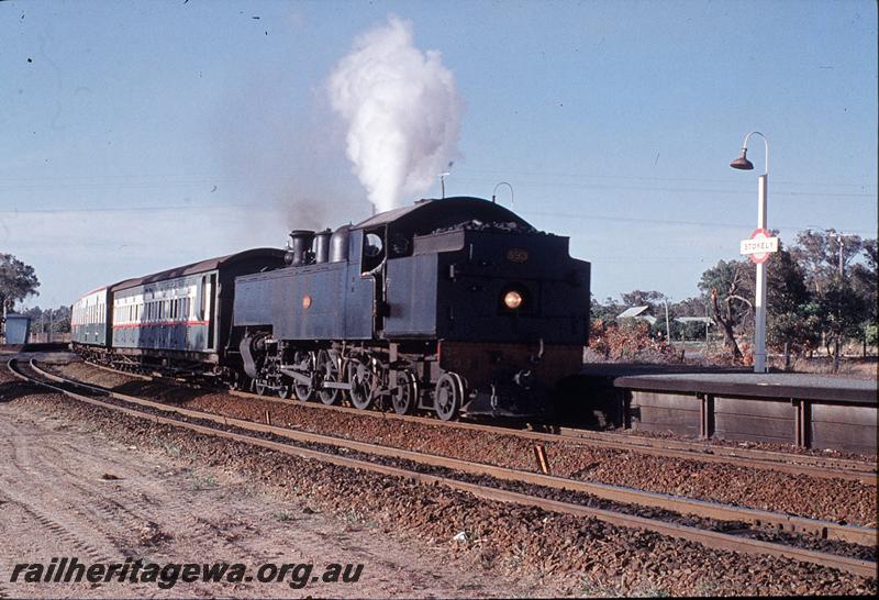 P11780
DD class 593, suburban passenger, platform, station buildings, nameboard, arriving Stokely. SWR line.
