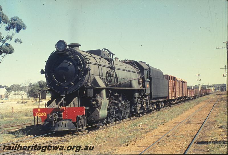 P11860
V class 1220, signals, signal box, footbridge in background, up goods departing Narrogin. GSR line.
