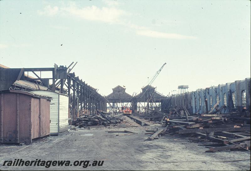 P11949
East Perth loco shed, grounded van body, demolition in progress. ER line.
