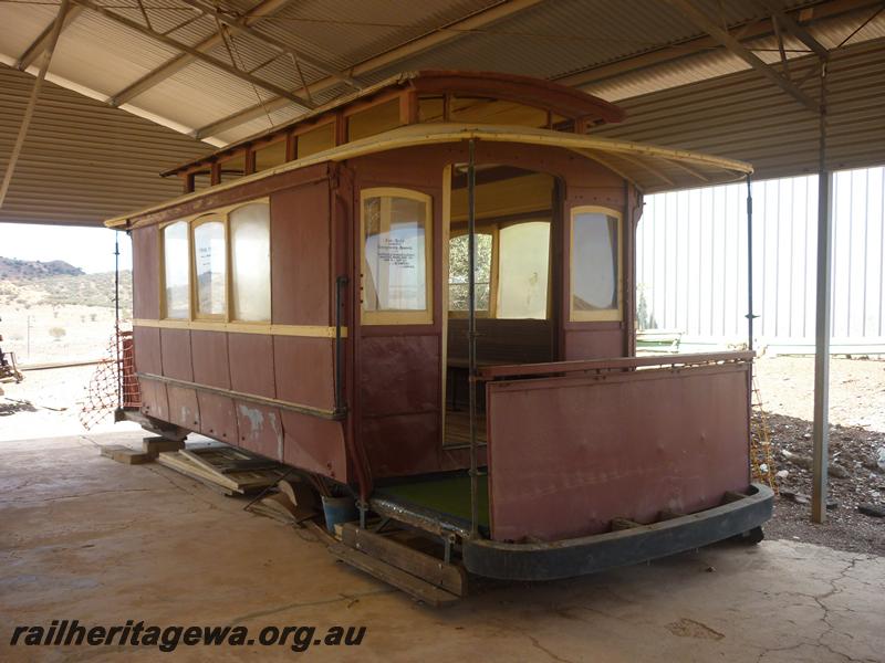 P12064
Tram body, Gwalia to Leonora Tramway, Gwalia Historical Museum, Gwalia, side and front view, on display
