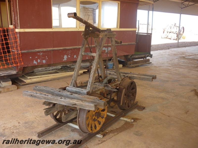 P12069
Kalamazoo pump trolley, sons of Gwalia Tramway, Gwalia Historical Museum, Gwalia, end and side view, on display
