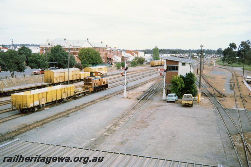 P12094
T class, signal box, signal, yard, Narrogin. Elevated view looking south
