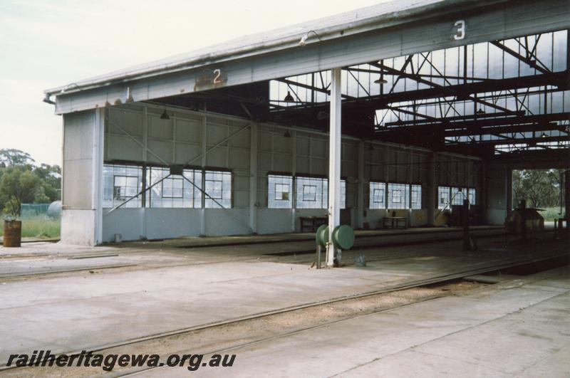 P12099
4 of 5 views of the loco shed at the Narrogin loco depot, GSR line, view looking into the shed.
