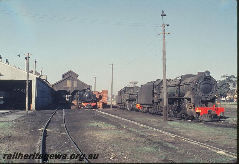 P12142
V class 1213, PMR class 731, DM class 587, East Perth loco shed. ER line.
