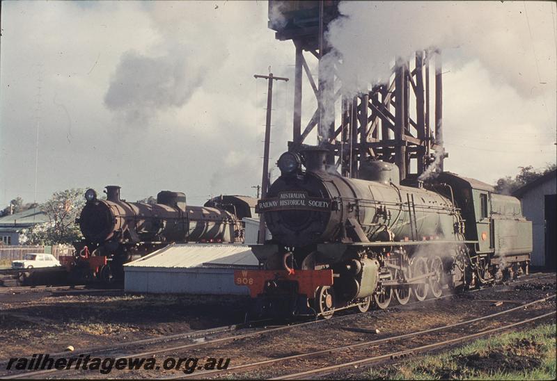 P12208
W class 927, W class 908, Busselton loco shed, part of water tower. BB line.
