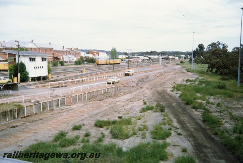 P12527
Signal box, yard, Narrogin, GSR line, view across yard from town side
