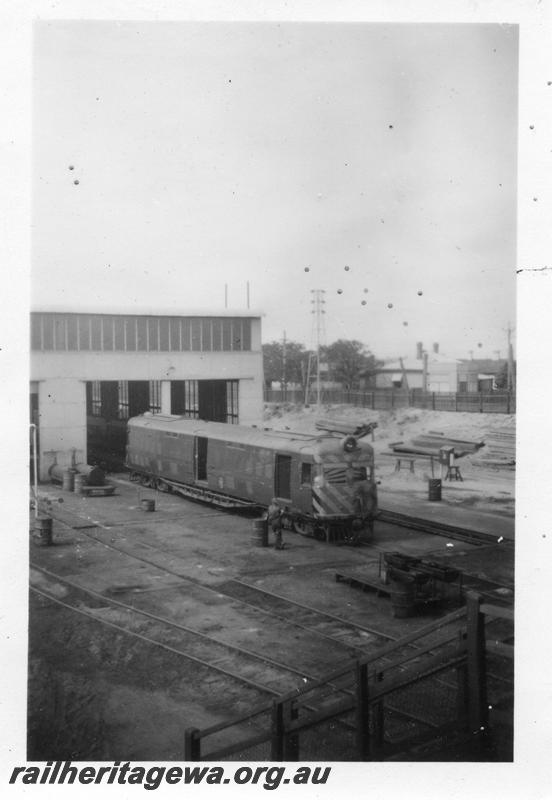 P12561
ADF class, Diesel shed, East Perth loco depot, side and end view. 
