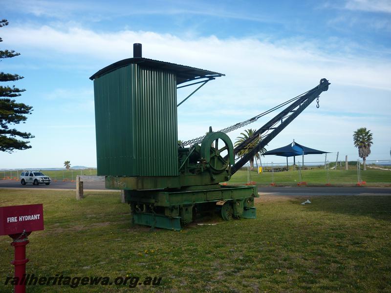 P12583
Rail mounted steam crane PWD 11, Esperance, CE line, rear and side view, preserved on seaward side of the Esperance goods shed
