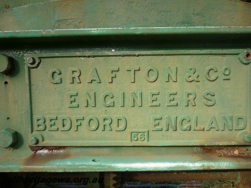 P12584
Rail mounted steam crane PWD 11, Esperance, CE line, preserved on seaward side of the Esperance goods shed, maker's plate
