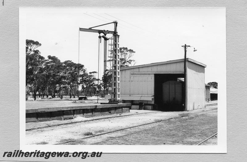 P12631
Platform crane, goods shed, Quairading, YB line, end and trackside view.
