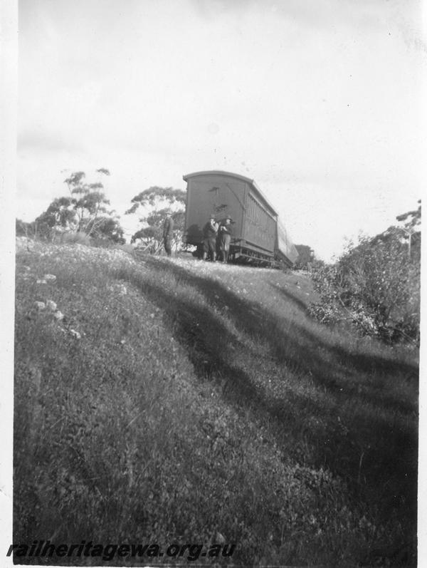 P12640
3 of 3 views of the derailment of No.4 Passenger 1.5 miles north of Wannamal, MR line, end view of a J or JA class carriage
