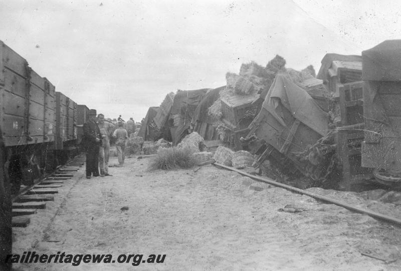 P12645
1 of 7 views of the derailment at Millendon on the 22nd December 1944, MR line, view shows a line of derailed wagons
