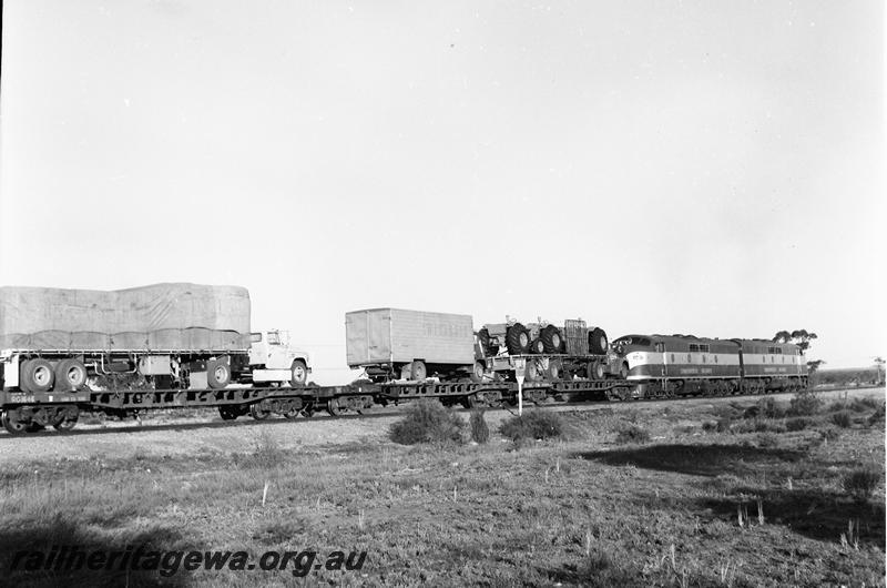 P12700
Commonwealth Railways (CR) GM class 23 double heading with GM class 21, freight train with piggyback loads, view looking along the train towards the locos, same train as in P12701 and P12719
