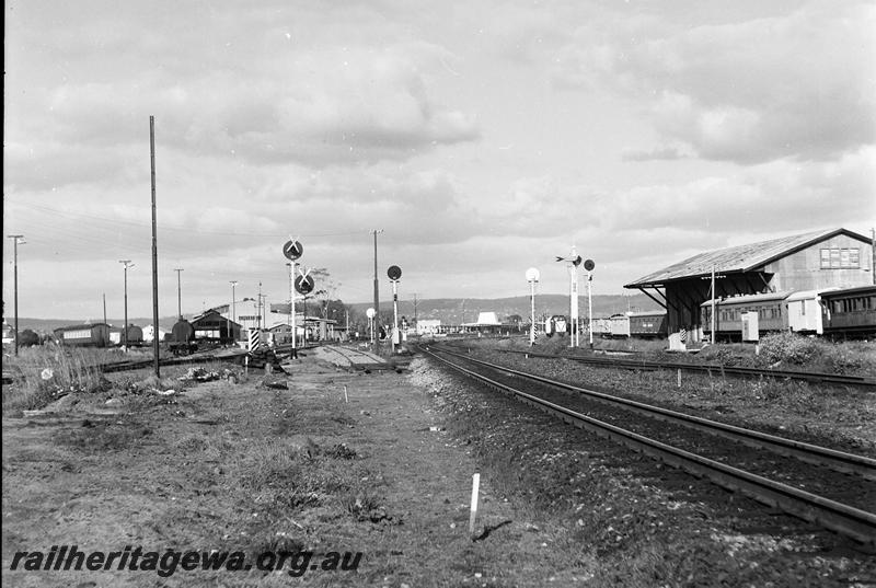 P12739
Overall view of the railway facilities at Midland taken from West Midland, view shows the ex MRWA workshops, the new Midland passenger Terminal, signals and workman's vans .
