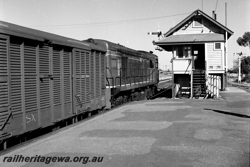 P12744
C class 1703, signal box, Midland Station, view looking forward along the train to the loco, on 