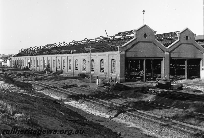 P12757
Loco shed, east Perth Loco depot, shed being demolished, view of west side and Perth end.
