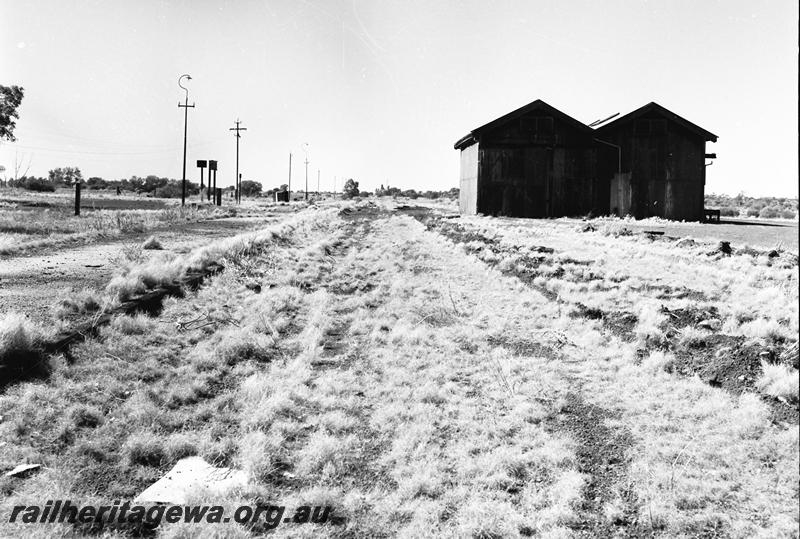 P12760
Goods shed, Wiluna, NR line, end view, abandoned.
