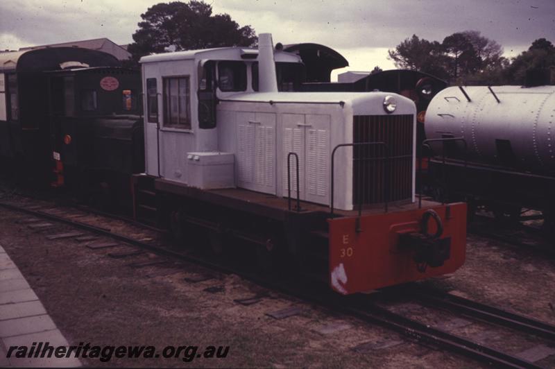 P12791
Ex MRWA E class 30 loco, Rail Transport Museum, side and front view
