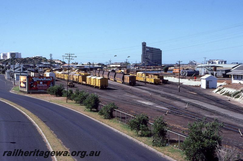 P12800
Yard CBH silo, loco depot from footbridge looking west, pair of tanks from the JG class tank wagon in the right hand background, Bunbury, SWR line
