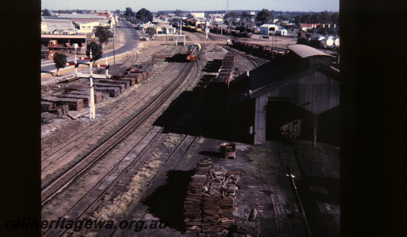 P12826
Mainline north, elevated view taken from the coaling tower, view shows the loco shed, signals with the station building in the background, Katanning Yard, GSR line 
