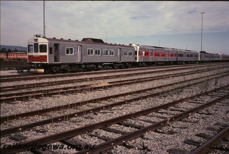 P12845
ADK class with white and red front, ADL classes with white and red fronts with red stripe along the sides, Forrestfield Yard, stowed.
