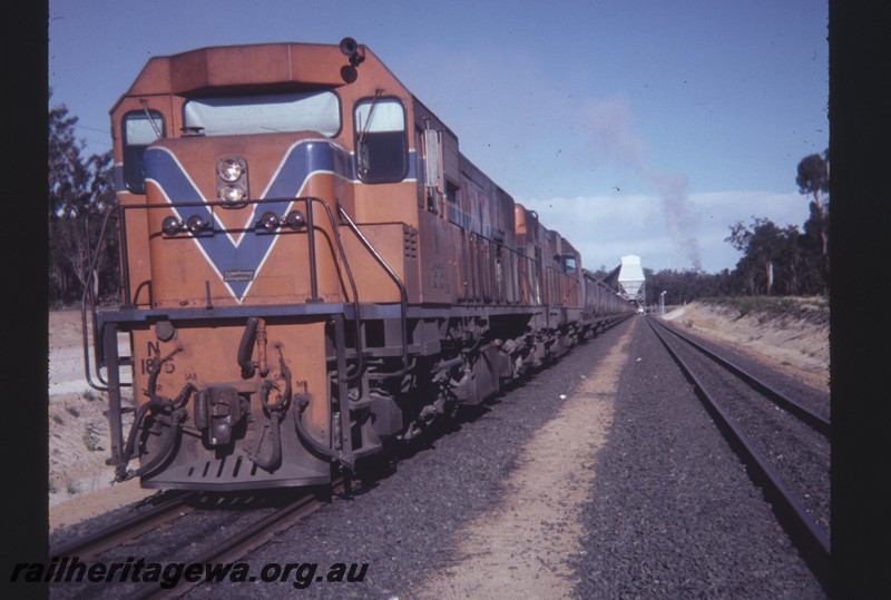 P12886
N class 1875 double heading with another N class, coal train at coal loader, Collie, BN line, front and side view
