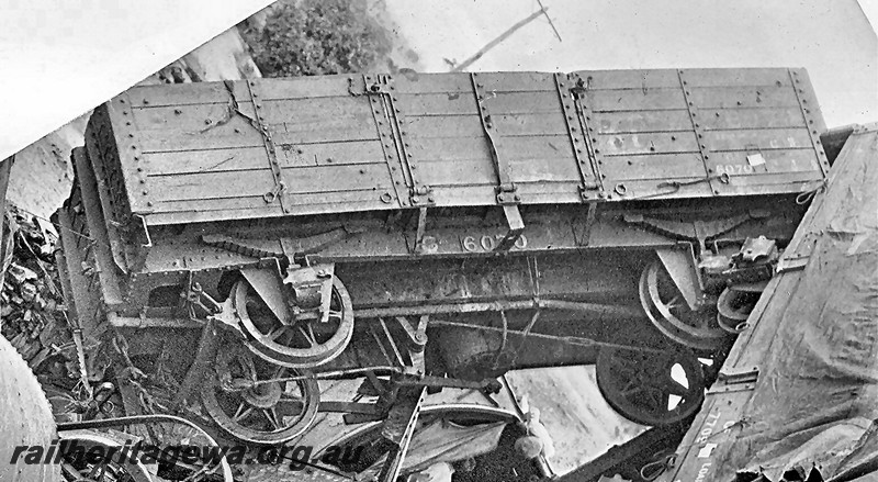 P12931
GA class 6070 four wheel open wagon involved in the derailment at Dumberning, BN line, side and underside view, image is an enlargement of image P12925
