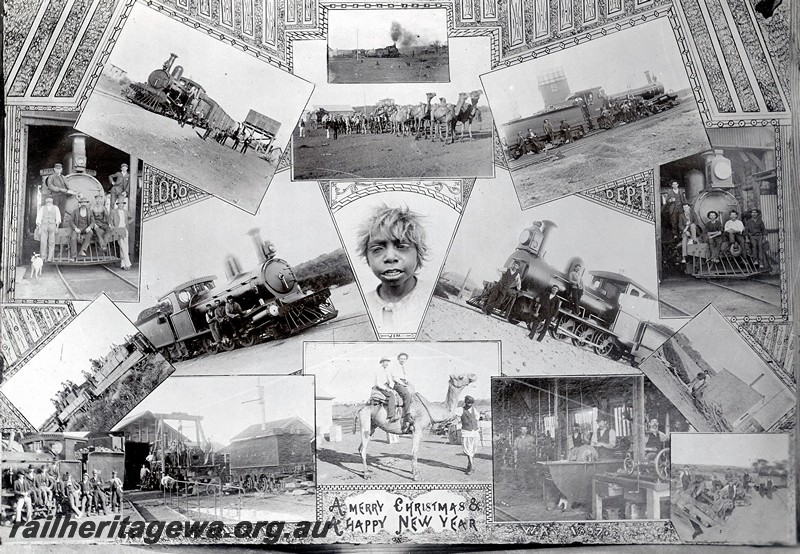 P12933
A montage of railway scenes around Geraldton features on a Christmas card/poster issued by the Loco dept. at Geraldton
