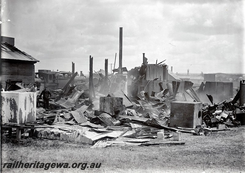 P12936
The aftermath of the fire in the Loco store at the Geraldton Loco Depot. The fire broke out on 8.11.1903
