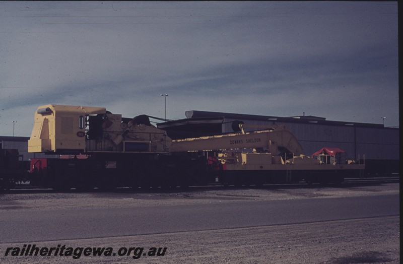 P12965
Cowans Sheldon diesel powered 60 ton breakdown crane No.31, Forrestfield Yard, end and side view.
