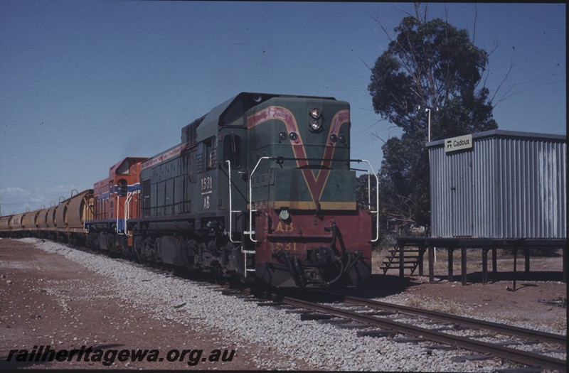 P12979
AB class 1531, AB class 1534, station shed on stumps, nameboard, Cadoux, KBR line, wheat train
