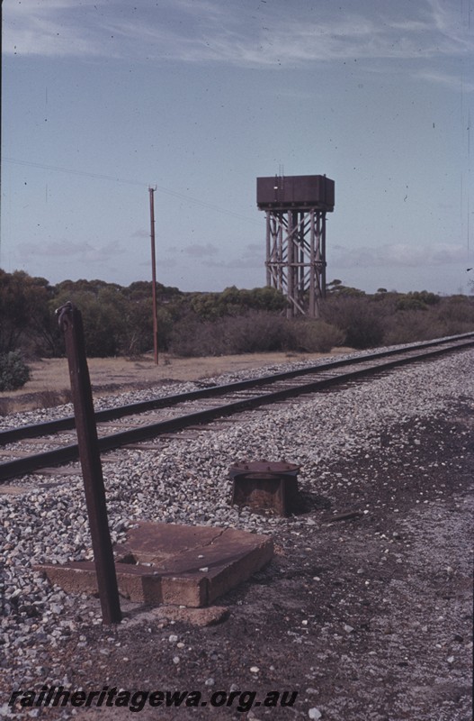 P12995
Water tower, water column drain sump, Duggan, WLG line, view from the location of the water column towards the tank.
