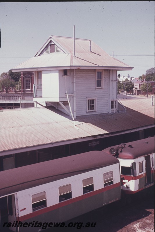 P13004
ADA/ADG class railcar set, signal box, Bassendean, view of the rear of the elevated signal box
