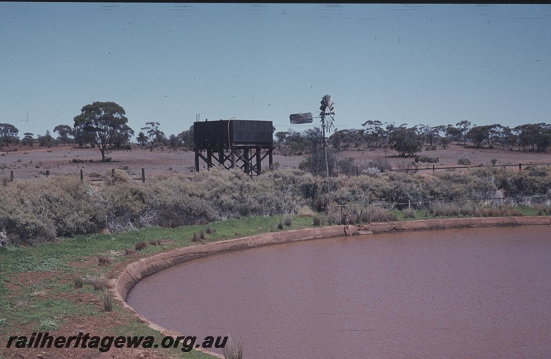 P13014
Water tower, windmill, dam, Bardoc, KL line, view across the dam towards the tank
