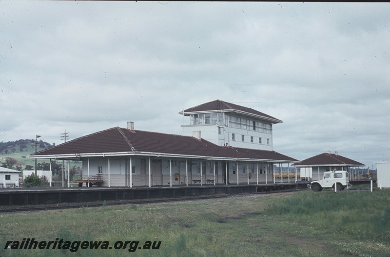 P13032
Station buildings, elevated signal box, Brunswick Junction, SWR line, end and west side view.
