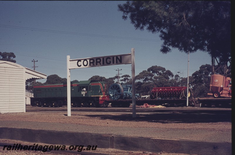 P13038
A class 1509, nameboard, portable shelter shed, low level platform, Corrigin, NWM line, view across the yard.
