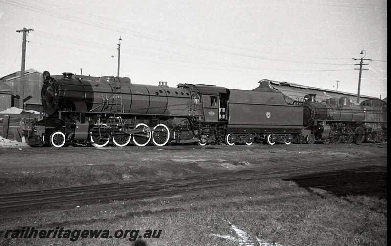 P13047
V class 1204, as new, fully line out including the tender sides and with walled tyres, Midland Junction loco depot, front and side view.
