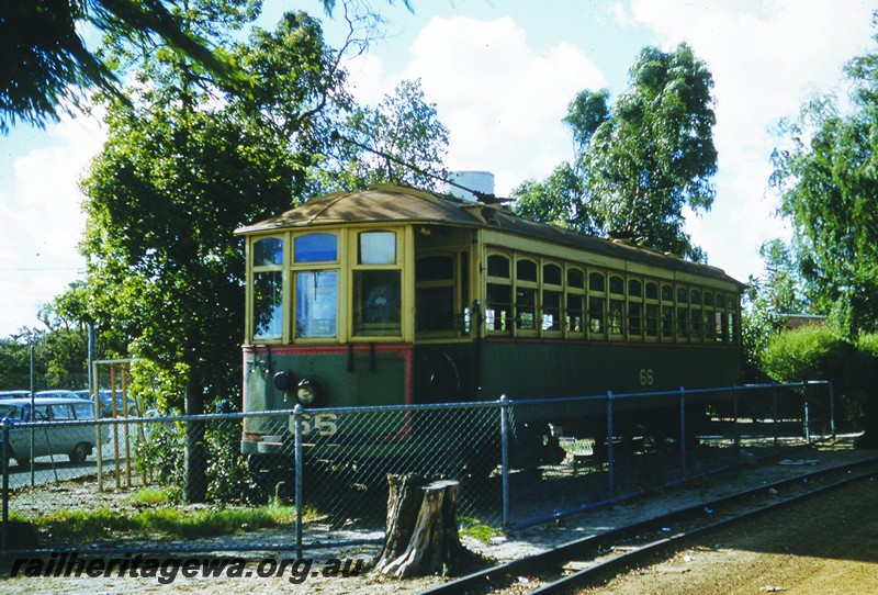 P13053
Tram no.66, Perth Zoo, front and side view, on display.
