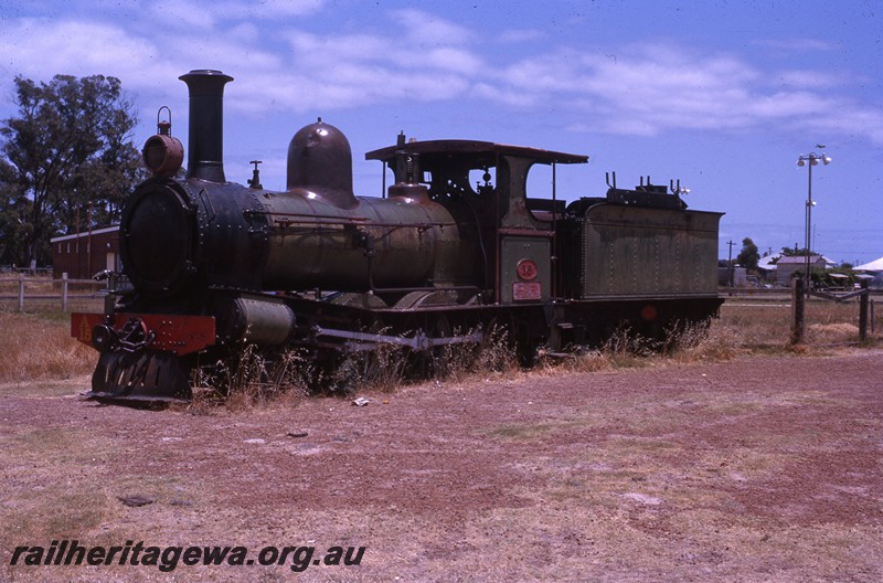 P13061
A class 15 2-6-0 loco, Bunbury, front and side view, on display.
