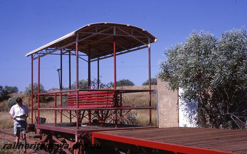 P13082
Four wheel open carriage with bench seats, Broome, side and end view.
