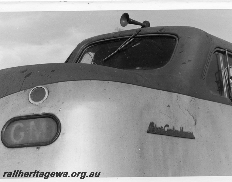 P13107
1 of 3 views of the nose of Commonwealth Railways (CR) loco GM class 1 in original paint scheme showing the name of the loco 